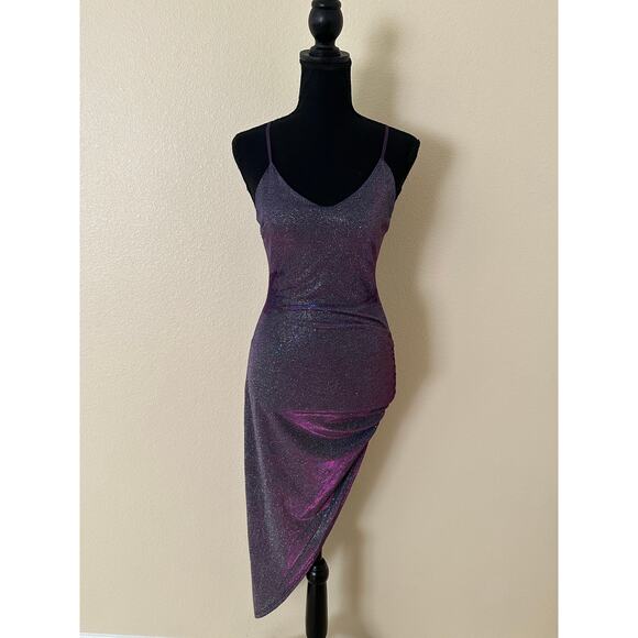 Q Women Purple Glitter Shimmer Asymmetrical Spaghetti Strap Side Ruched Dress S - Picture 8 of 8